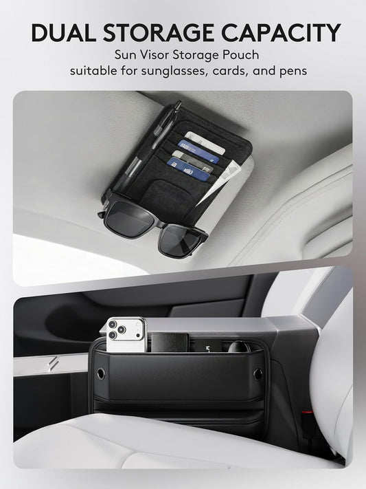 2 Pack Car Seat Gap Filler Organizer with Sun Visor Organizer, PU Leather Seat Gap Filler for Phone, Keys, Cards & Sunglasses, Front Seat Storage Side Pocket for Cars SUVs Trucks