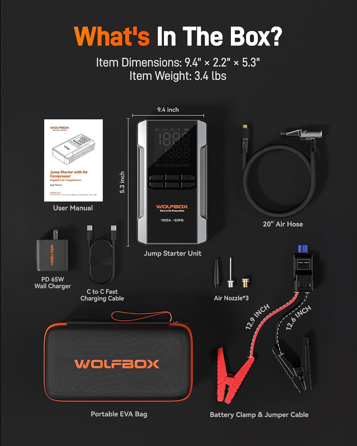 WOLFBOX MV16A 3000A Jump Starter with Air Compressor, 59.2Wh&160PSI Portable Car Battery Jump Starter with 65W Fast Charging, 12V Battery Pack (8L Gas 6L Diesel) with Boost, Light and Jumper Cables