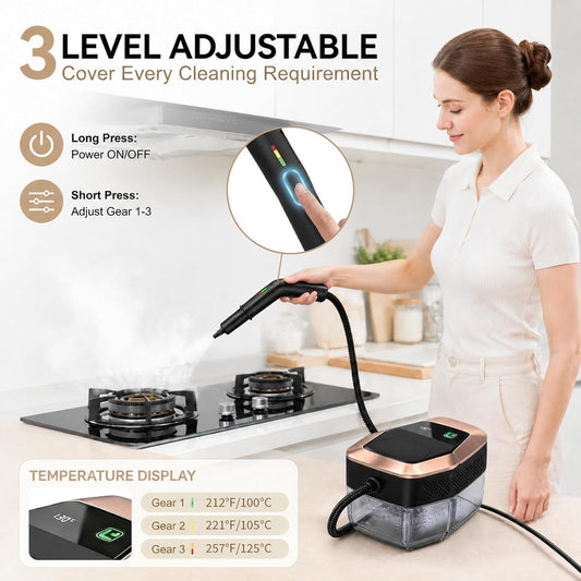 Steam Cleaner, 3 Level Adjustable Pressurized Steam Cleaner for Home, 15s Heat-Up Handheld Steamer for Cleaning, 1.9 Qt Tank Portable Steam Cleaner for Car, Home, Tile, Grout, Rose Gold