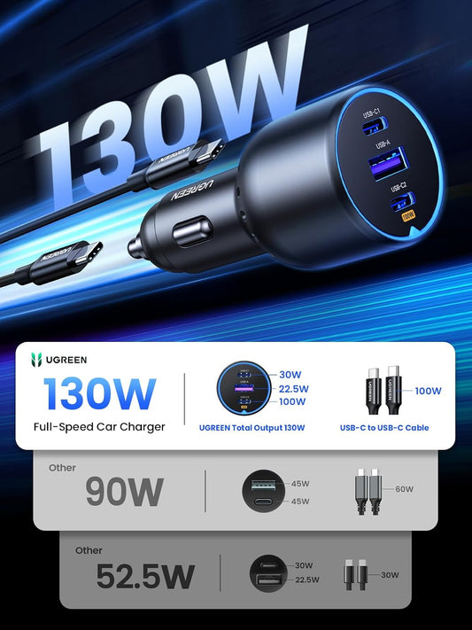 UGREEN 130W USB C Car Charger, PD 100W +PD 30W Type C Car Charger Adapter Compatible with iPhone 17/17 Air/17 Pro/17 Pro Max/16/15/14/13/12 Series, Galaxy S24 S23 Ultra, iPad, MacBook, and More