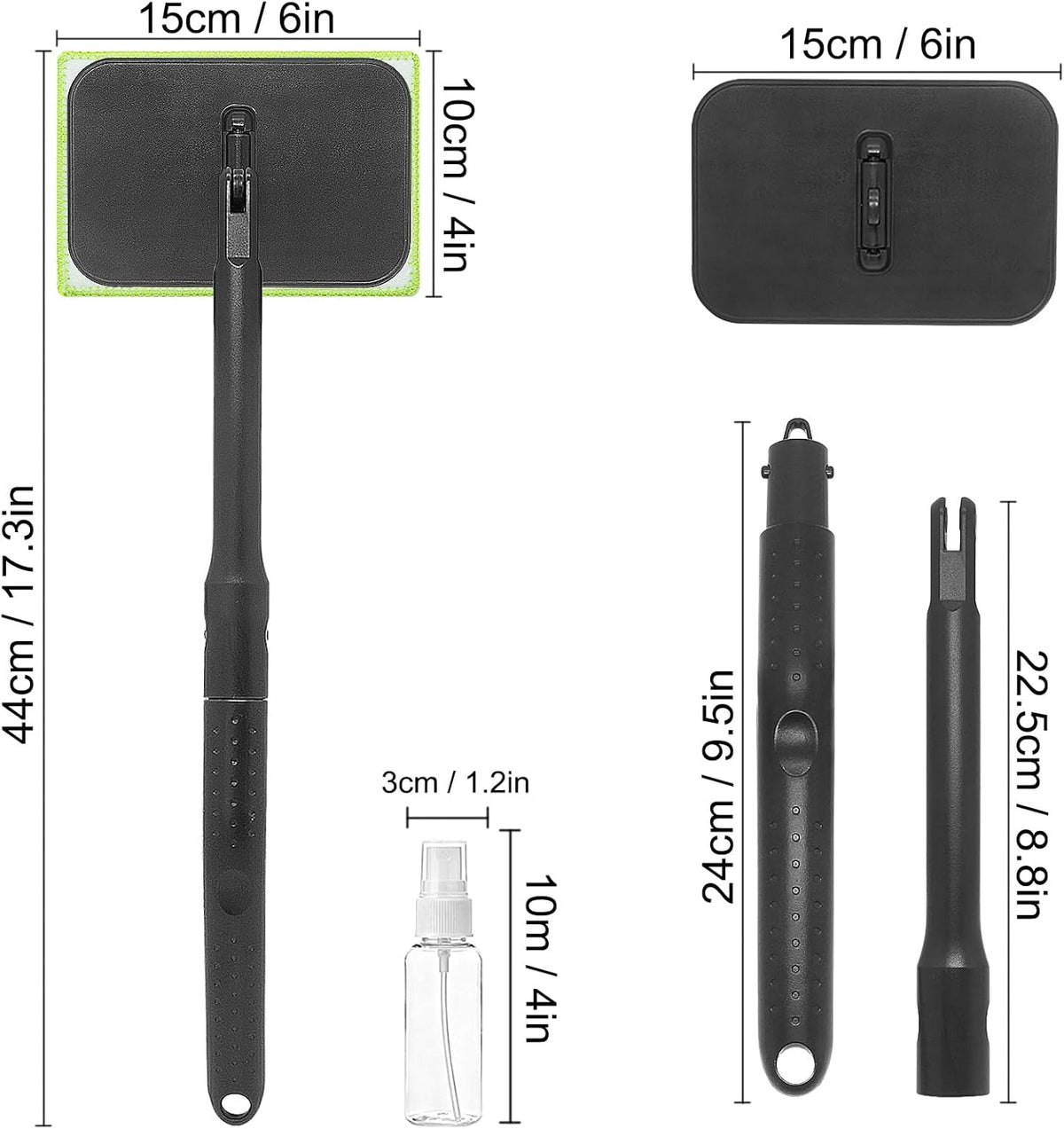 Windshield Cleaner Tool with 6 Reusable Magic Fiber Pads & Spray Bottle, Removable Handle Car Window Wiper Kit for Interior/Exterior Glass, Trucks, SUVs, RV (Dry & Wet Use)