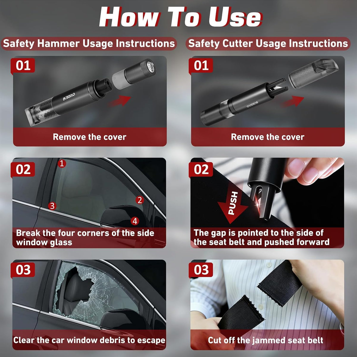 4-in-1 Car Window Breaker Seatbelt Cutter with Survival Whistle & LED Flashlight, Spring-Loaded Glass Breaker for Underwater, Portable Automotive Emergency Escape Tool, Black