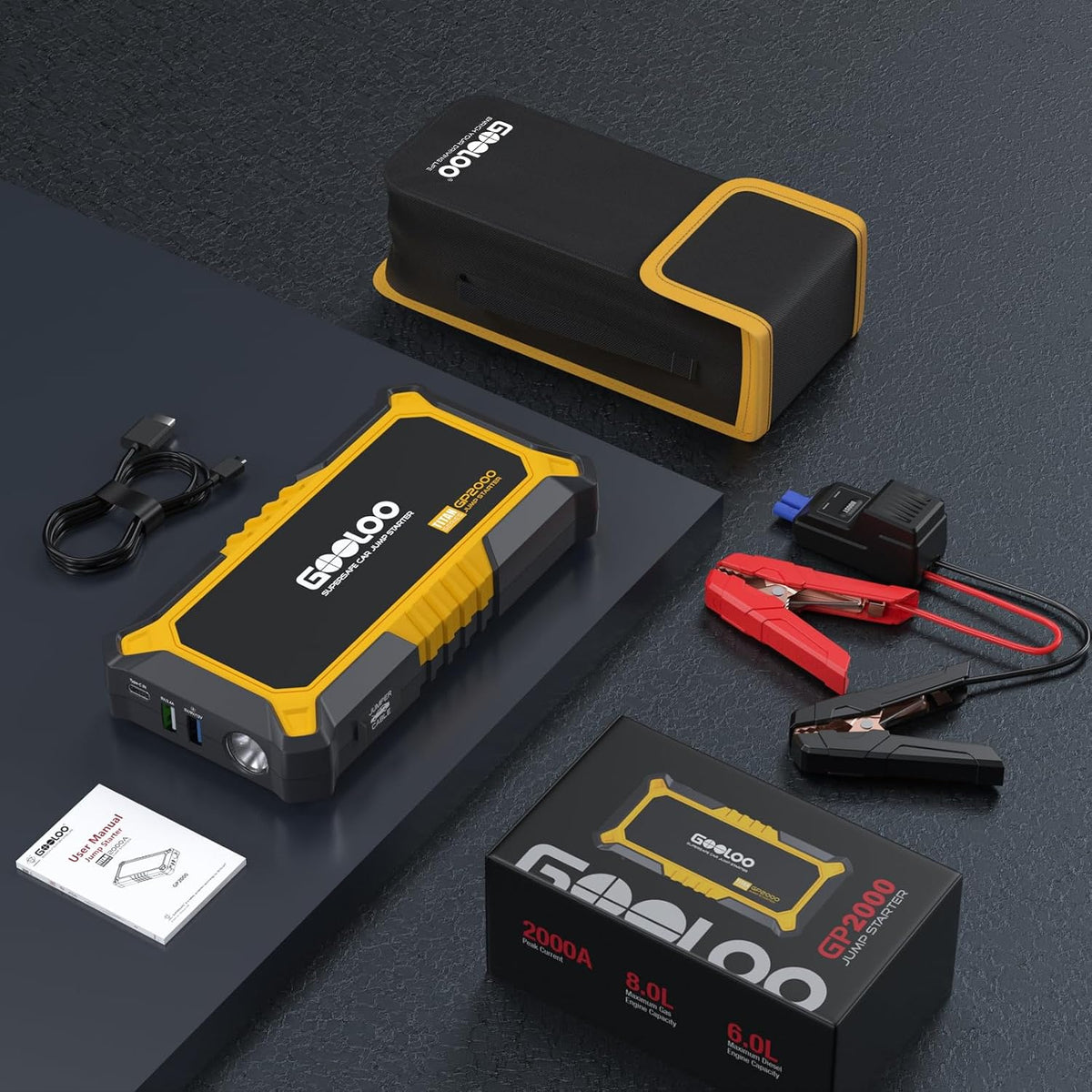 GOOLOO New GP2000 Jump Starter, 12V 2000A Car Jumper Starter(Up to 8.0L Gas, 6.0L Diesel Engines), SuperSafe Portable Battery Charger, Auto Lithium Box Booster Pack with USB Quick Charge, red