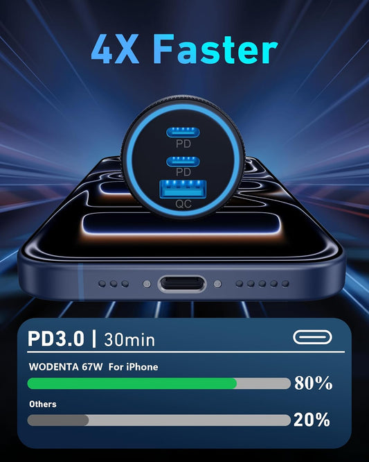 WODENTA for iPhone 17/16/15 Pro Max Car Charger, 67W 3-Port Fast USB C Car Charger Power Cigarette Lighter Adapter with 3FT USB C to C Cable for iPhone 17/17 Pro/Air/17e/16/15 Pro Max/Plus/16e, iPad