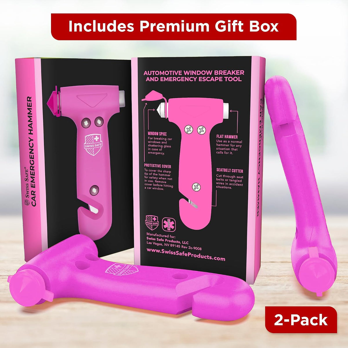 Swiss Safe 5-in-1 Emergency Car Safety Hammer – Car Window Breaker & Seatbelt Cutter, Heavy-Duty Escape Tool for Vehicle Emergencies and Auto Kits – Pink, 1 Pack