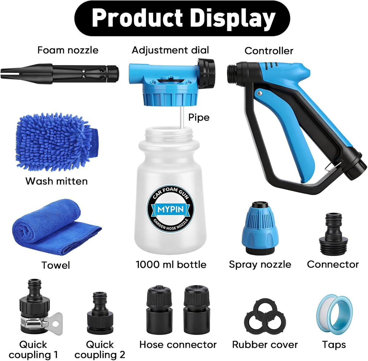 Car Wash Foam Gun/Hose Sprayer, 16 IN 1 Cannon, Adjustable with 2.5-6 Ratio Dial Foam Blaster, 1L Bottle, Nozzles, Mitten, 1/2” Quick Connector for Garden Hose, for Car/Garden Cleaning