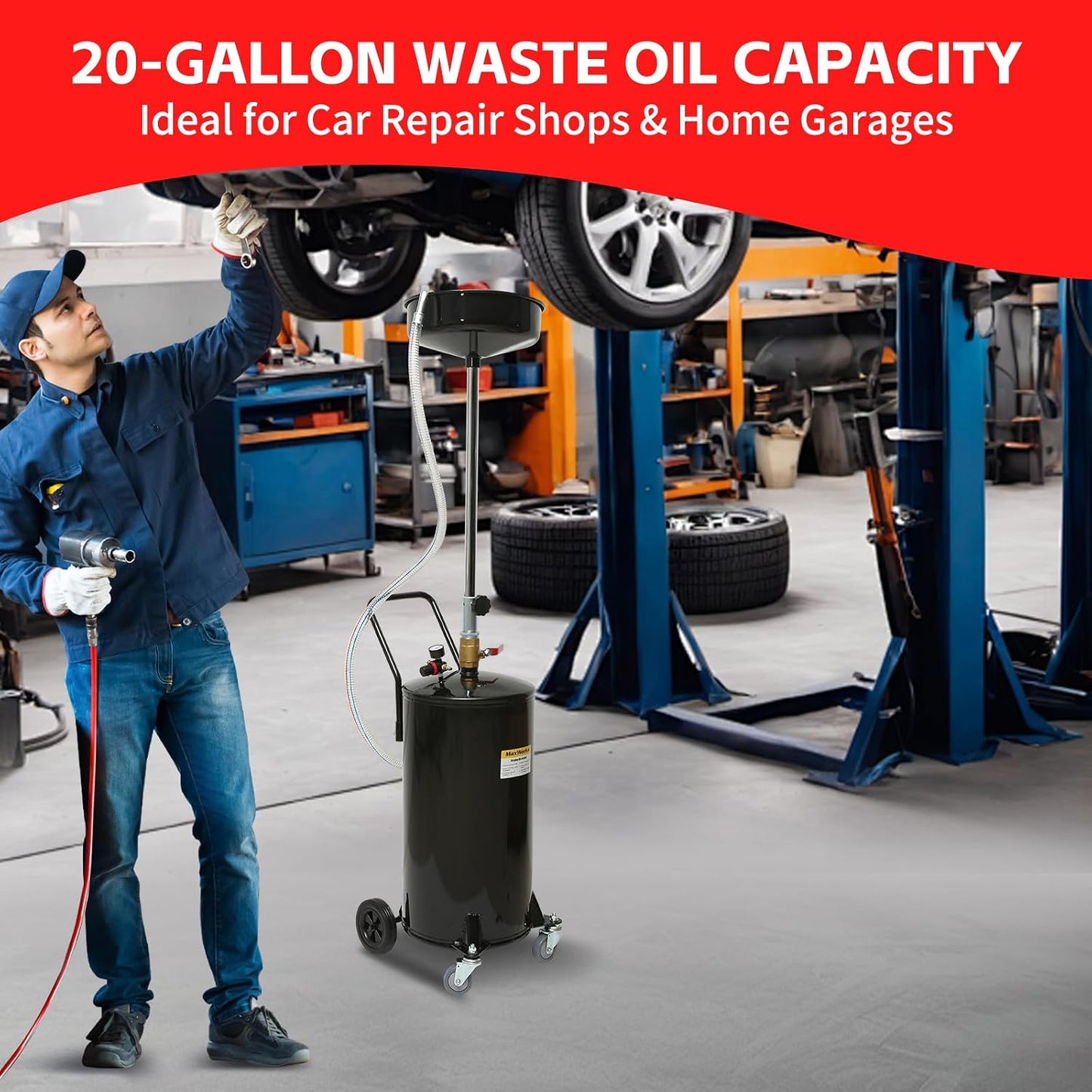 MaxWorks 50964 9-Gallon Portable Waste Oil Drain, Industrial Fluid Drain Square Tank with Wheels and Adjustable Funnel Height. Red.
