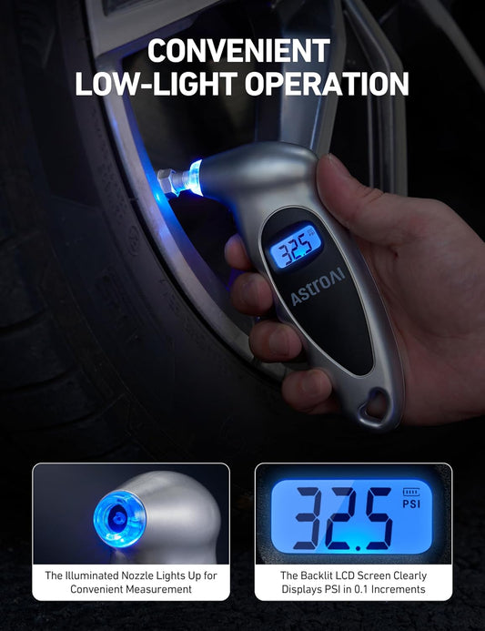 AstroAI Digital Tire Pressure Gauge 0-150PSI Calibrated to ANSI B40.7 +/-1PSI, 4 Units for Car Truck with Backlight LCD, Silver, 2Pack