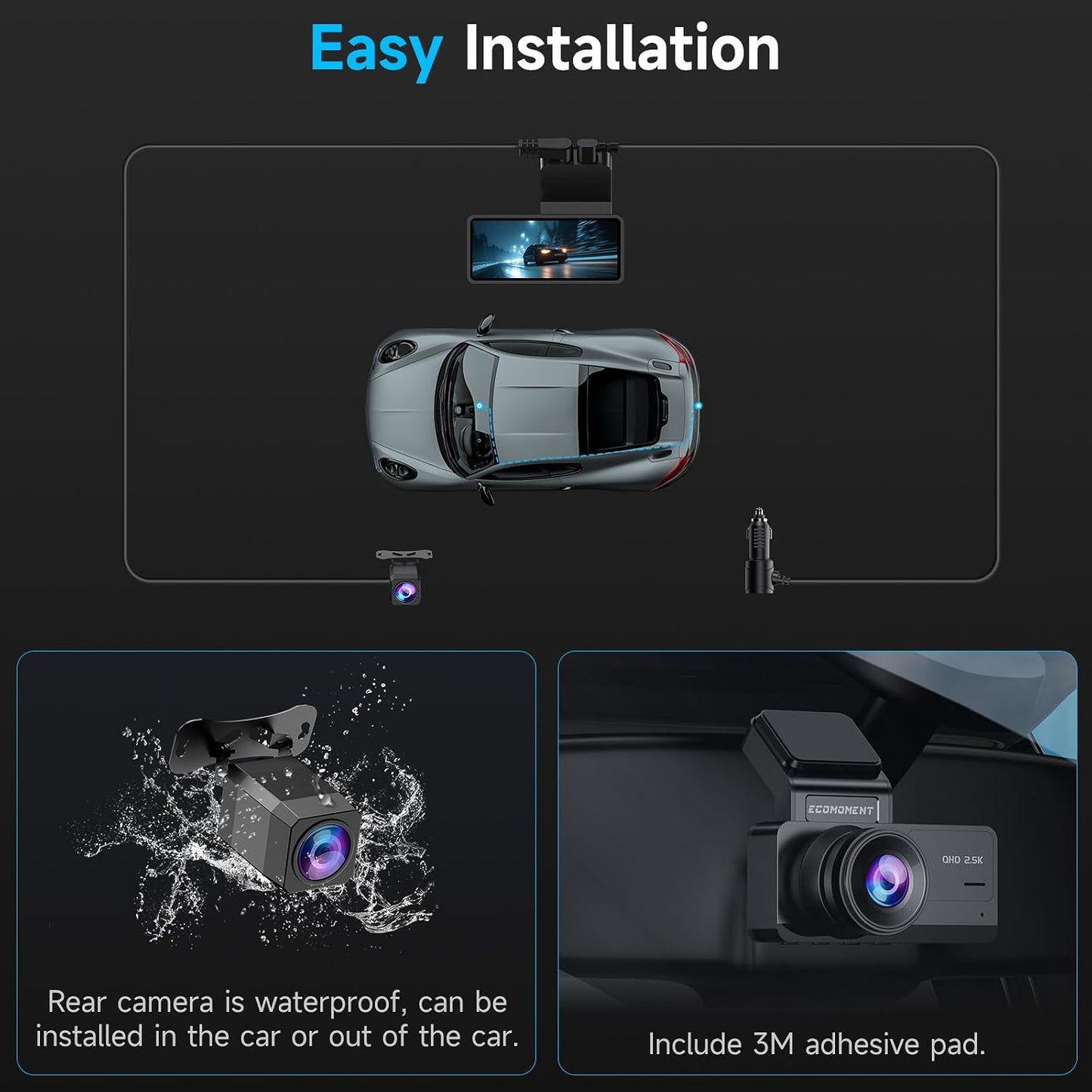 Ecomoment Dash Cam Front and Rear, 2.5K+1080P Car Camera with 32GB Card | WDR Night Vision, G-Sensor, 24H Parking Monitor, 3.16" IPS Screen, 170° Wide Angle, Supports up to 256GB Card