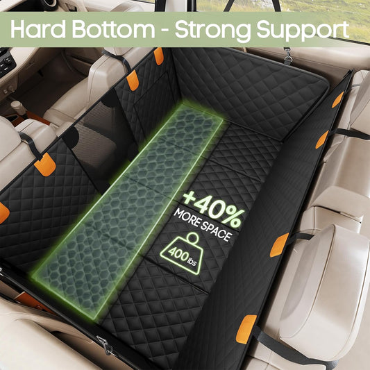 Dog Car Seat Cover for Back Seat, Hard Bottom Back Seat Extender Supports 400lbs, Waterproof Rear Seat Pet Cover, Dog Hammock with Mesh Window for Car SUV