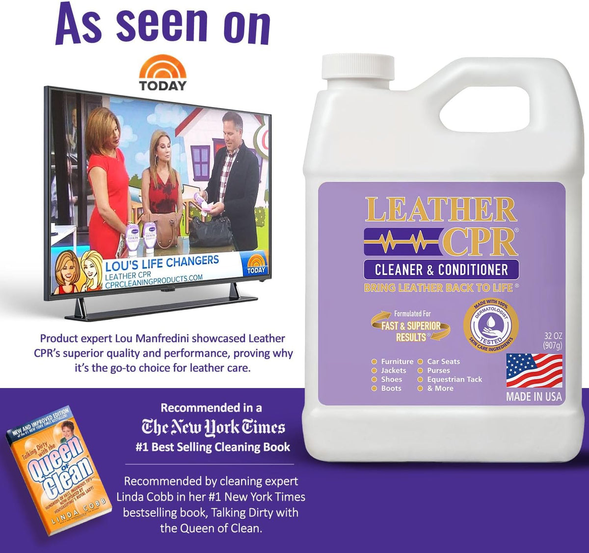 Leather CPR Cleaner and Conditioner 18oz. Bring Leather Back To Life on Furniture, Car Seats, Handbags, Jackets, Boots, Saddles, Purses & Shoes. Restores Shine, Softness & Color to Real Leather