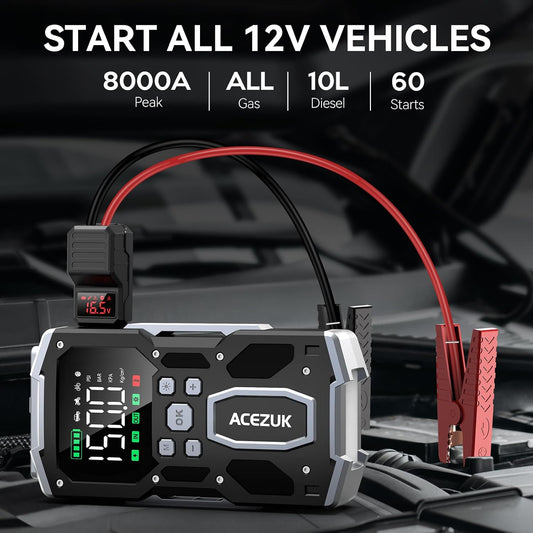Portable Car Jump Starter with Air Compressor, ACEZUK 160PSI 8000A Jump Starter (All Gas/10.0L Diesel), 12V Battery Jump Box Car Battery Jumper Starter with 3.4" LCD Display, 2 Lights
