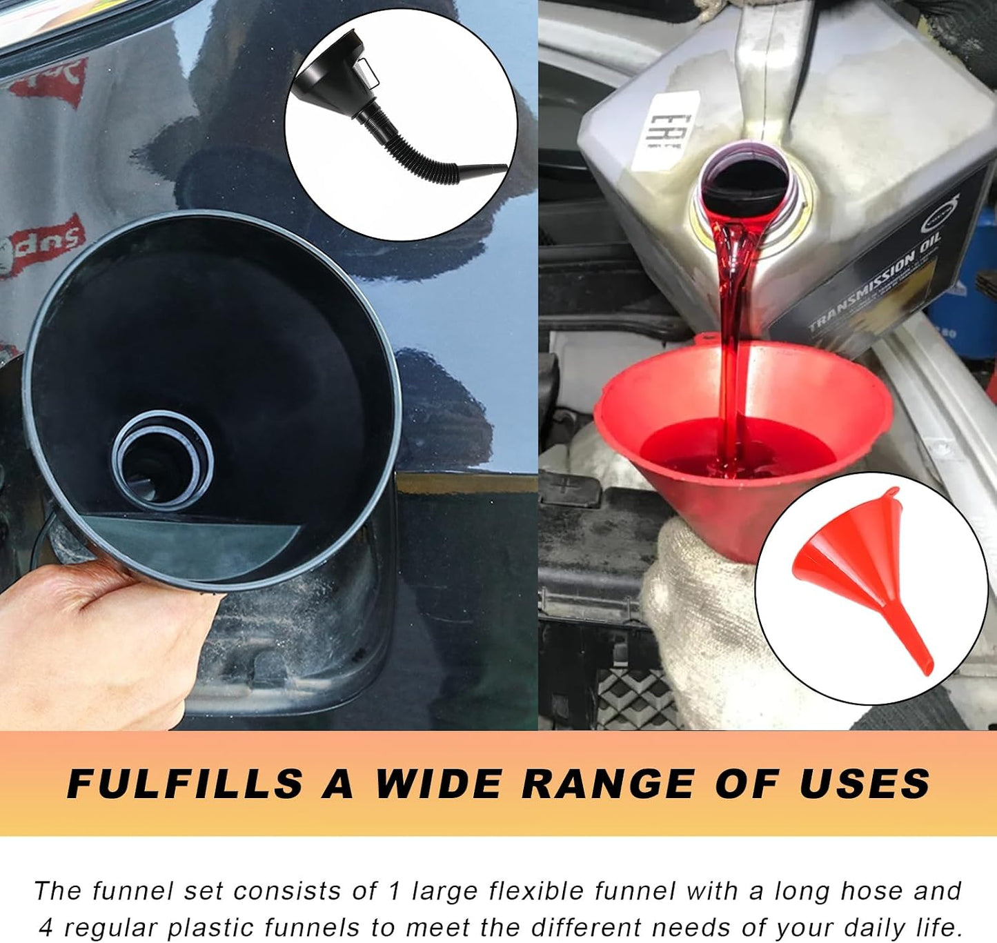 5PCS Wide Mouth Oil Funnel, Plastic Wide Mouth Flexible Fuel Funnel with Hose & Mesh Filter, Multi-Functional Large Oil Funnel Set for Filling Bottles Gas Transfer
