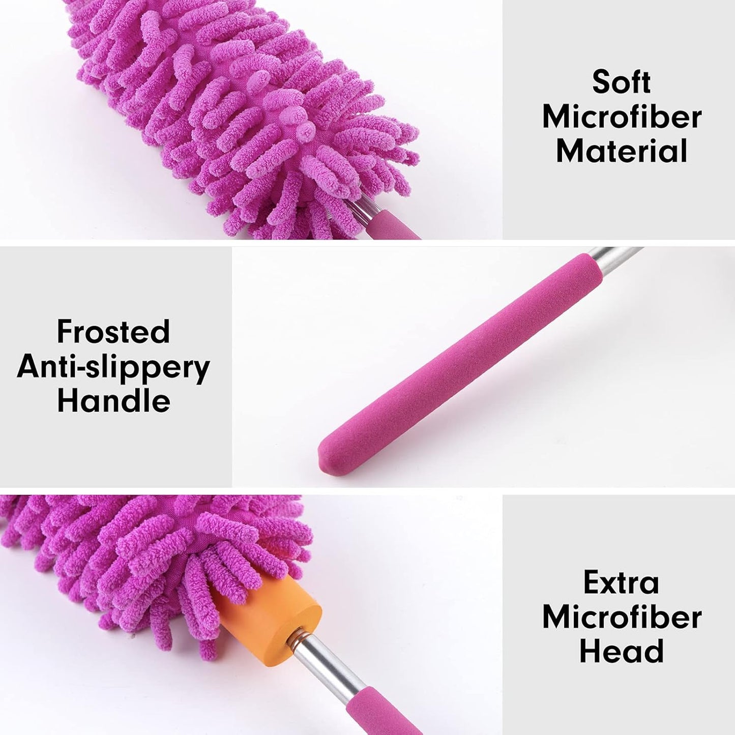 Microfiber Duster for Cleaning, Tukuos Hand Washable Dusters with 2pcs Replaceable Microfiber Head, Extendable Pole, Detachable Cleaning Supplies for Office, Car, Window, Furniture, Ceiling Fan