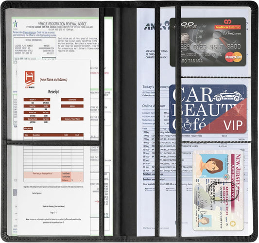 Car Accessories Registration and Insurance Holder,Leather Essential Card Magnetic Shut Vehicle Glove Box Organizer Case for Auto Driver License Document Truck Motorcycle Boat Men Women,Black