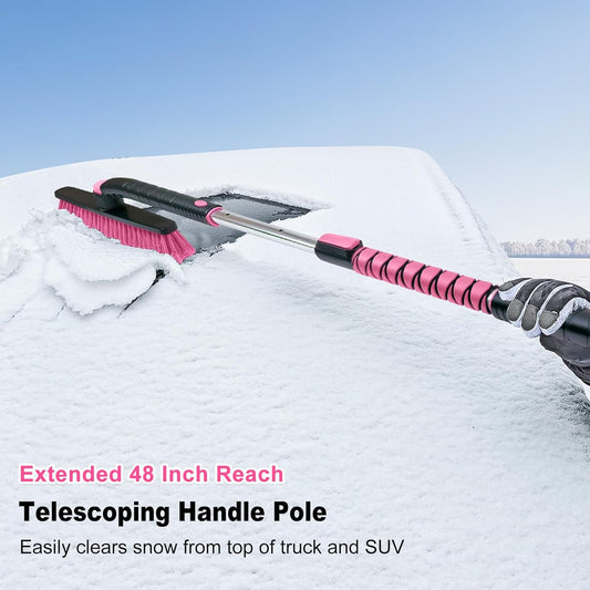HEEYA 48 Inch Long Snow Brush for SUV, Extendable Ice Scraper and Brush with Foam Grip, 360° Pivoting Snow Car Brush for Truck Auto RV Vehicle Windshield Window - Pink