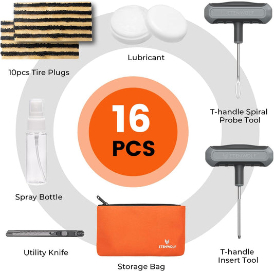 ETENWOLF Flat Tire Repair Kit with Plugs 16 Pcs, Heavy Duty Tire Plug Kit for Car, Motorcycle, ATV, Jeep, Truck, Tractor (Vivid Orange)