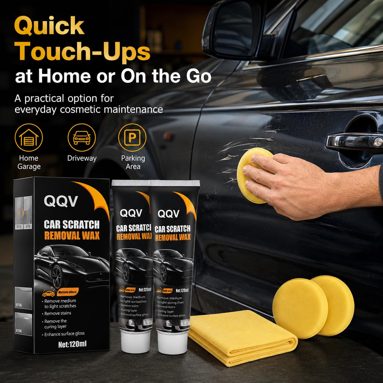 Car Scratch Remover Kit, Car Paint Scratch Repair for Light Scratches Swirl Marks Scuffs, Auto Scratch Remover with Sponge and Towel, Restores Gloss and Shine for All Paint Colors (2Pcs)