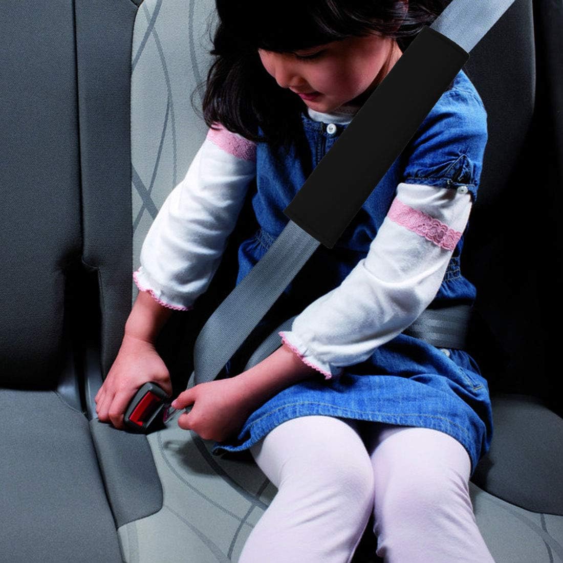 MIRKOO Car Seat Belt Cover Pad, 2-Pack Soft Car Safety Seat Belt Strap Shoulder Pad for Adults and Children, Suitable for Car Seat Belt, Backpack, Shoulder Bag, Upholstery for Vehicles (Black)