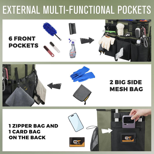 SCAVATA Rolling Cleaning Caddy Bag with Detachable Trolley, Large Cleaning Supplies Organizer with Wheels, Multi Pocket Cleaning Cart with Adjustable Shoulder Strap for Housekeepers & Home Use, Black