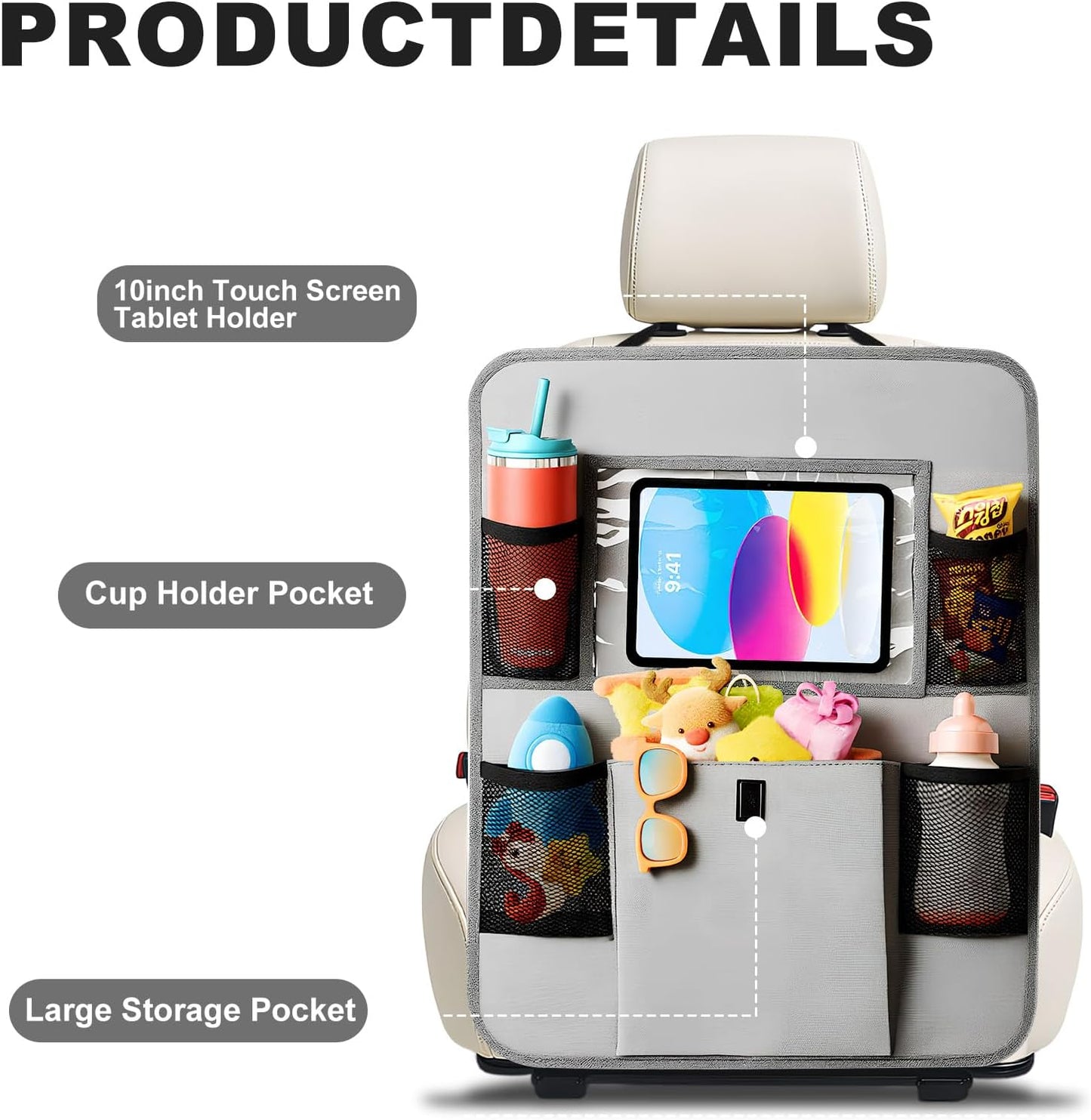 Car Backseat Organizer with Tablet Holder, 6 Storage Pockets Seat Back Protectors Kick Mats for Kids, Car Seat Protector for Road Trips 2 Pack (Black)