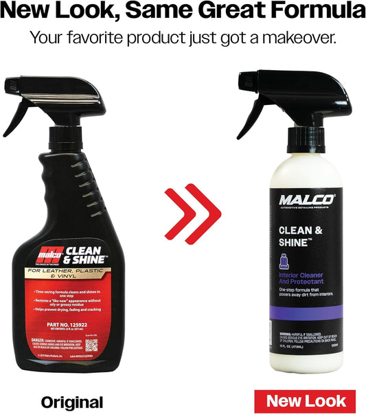 Malco Clean and Shine Interior Car Cleaner and Dressing - Best Interior Car Care to Restore Leather Plastic and Vinyl / 1 Simple Step To Clean, Condition, and Protect/Non-Glare Satin Finish (125901)