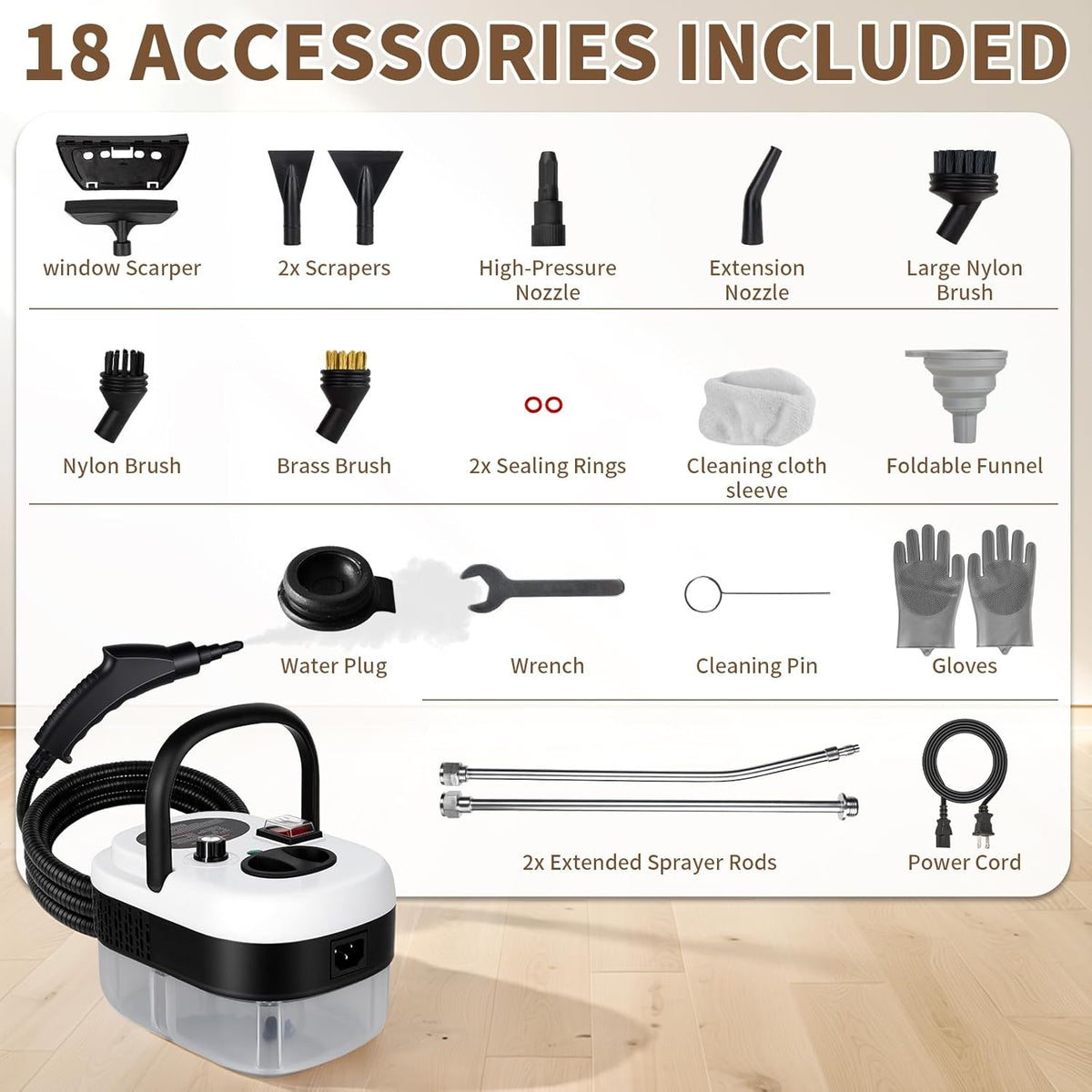 Steam Cleaner Handheld High Pressure, Portable High Power Steam Cleaner, Handheld Steam Cleaner Cleaning Grout With Large Water Tank & 18 Accessories For Car Floor White