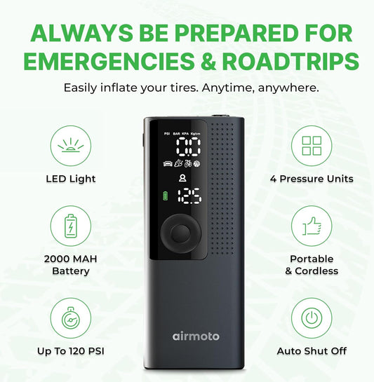 Airmoto Tire Inflator Portable Air Compressor - Air Pump For Car Tires with Digital Pressure Gauge, LED Light and Auto Shut-Off Function - Cordless Pump for Car, Motorcycle, Bicycle, Ball