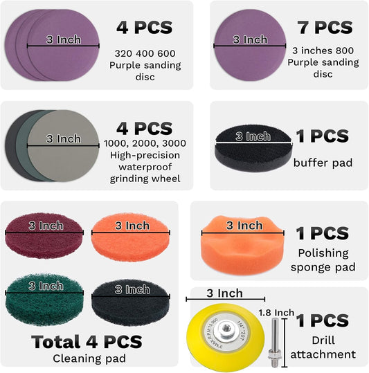 BFXM 38Pcs Car Headlight Restoration Kit, 3 Inch Headlight Polishing Kit, Headlight Cleaning Kit with Sanding Disc Scouring Pad Polishing Pad Suitable for Drill Universal for All Type of Car Headlight