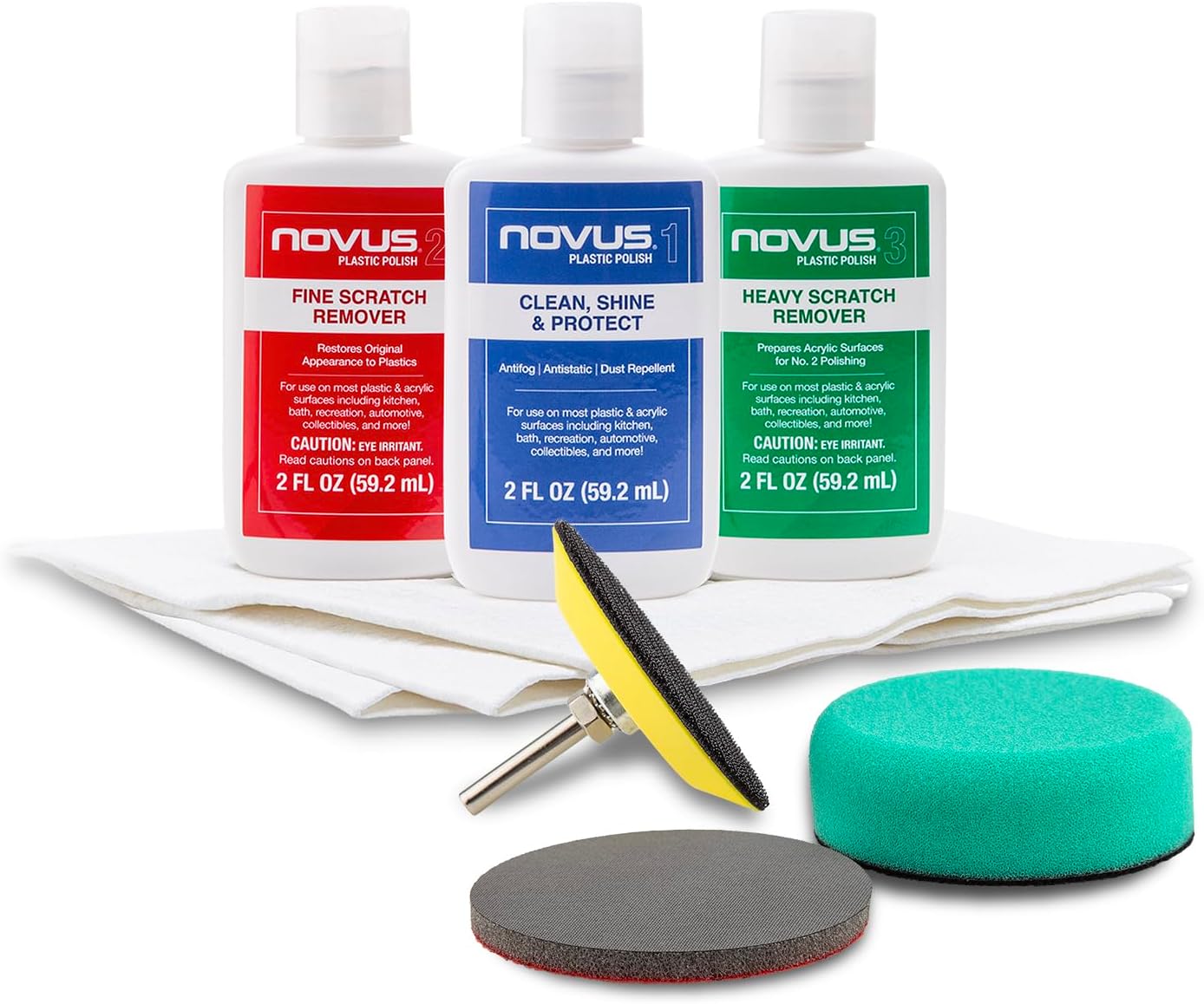 NOVUS Clear in Five Headlight Restoration Kit | 2 Ounce #1, 2, & 3 Bottles, Buffing Pad, Backing Pad Drill Attachment, 1,000 Grit Sanding Disk, 3 Polish Mates