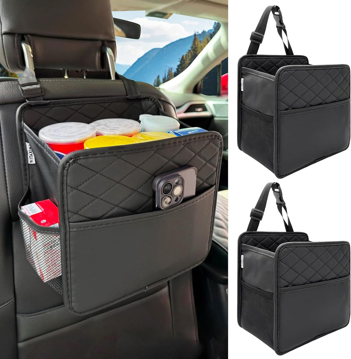 Witaxima Upgrade Car Seat Organizer Backseat with Storage Pockets, Multipurpose Car Organizer Hanging, Car Trash Bag Can,Premium PU Leather Garbage Can 2.14 Gallon Large Capacity, Black.