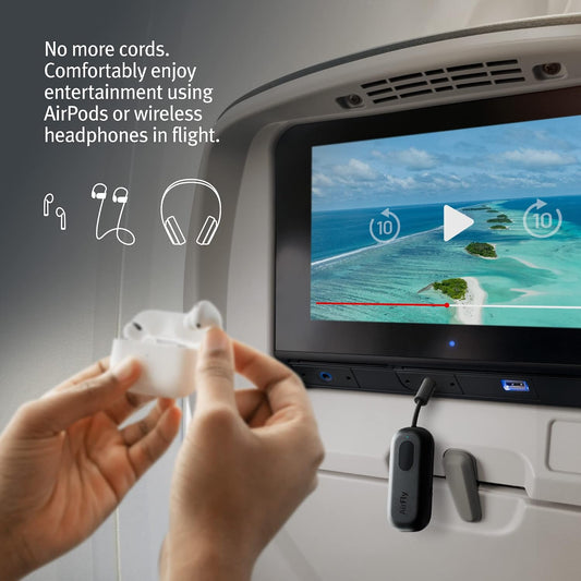 AirFly Pro 2 Deluxe – Bluetooth Adapter for Airplane, Pair 2 AirPods or Wireless Headphones – 3.5mm AUX Bluetooth Transmitter/Receiver for Cars, Boats, Treadmills, TVs – Airplane Travel Essentials