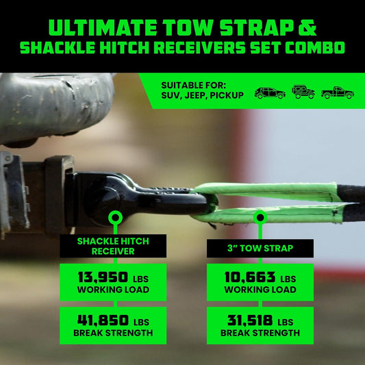Rhino USA Heavy-Duty Recovery Gear Combos Off-Road Truck Vehicle Recovery, Best Offroad Towing Accessories - Backed for Life (20' Strap + Hitch)