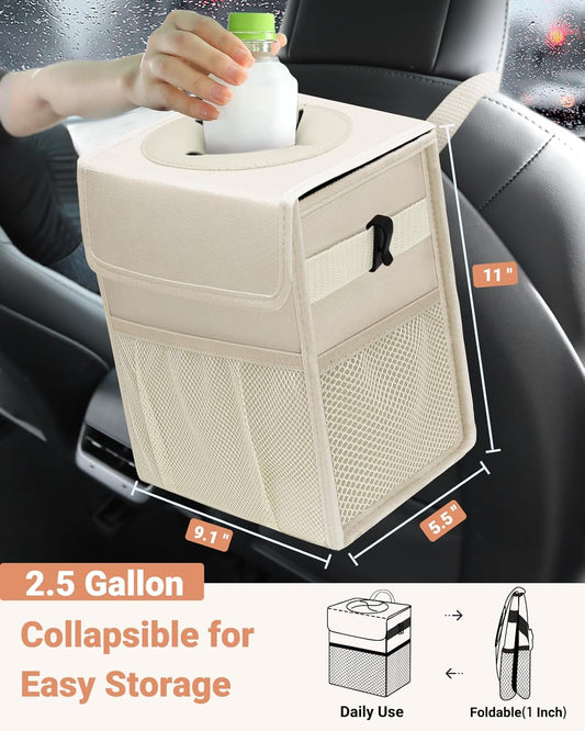 Capolo Car Trash Can with Lid, Leakproof Car Trash Bag Hanging Waterproof Automotive Garbage Can with Storage Pockets Mini Vehicle Trash Bin for Back/Front Seat(Black,2.5 Gallon)
