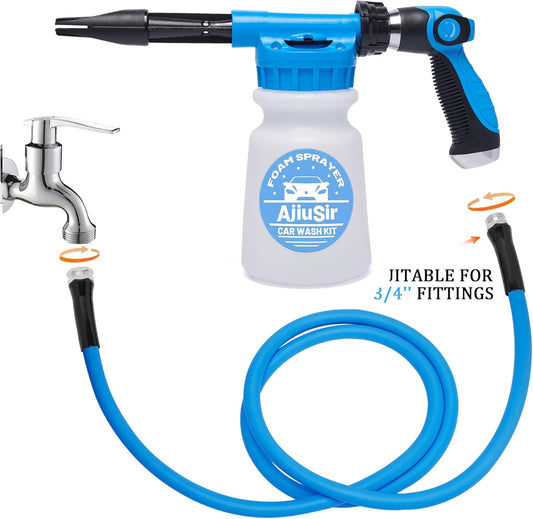 Foam Gun Car Wash Sprayer + Washing Sponge & Absorbent Towel, Hose Nozzle Foam Cannon Car Washing Kit, for Garden Cleaning, Pet Showering (Blue)