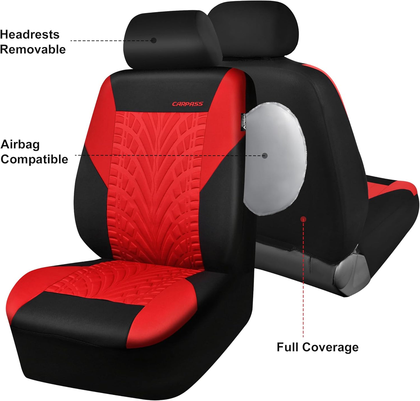 CAR PASS Car Seat Covers Full Sets, Front & Split Rear Bench for Car, 3D Tyre Embossed Automotive Interior Covers, Airbag Compatible, Quick Setup Universal Fit Seat Covers for Car, SUV(Charcoal)