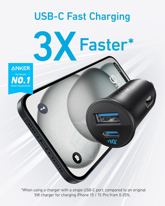 Anker USB-C Car Charger, 30W 2-Port Type-C Car Adapter, iPhone Car Charger with Power IQ 3.0, for iPhone 17/16/15/14/13 Series, Samsung Galaxy S25/S24/S23/S22/S21 Series, iPad Pro, AirPods, and More