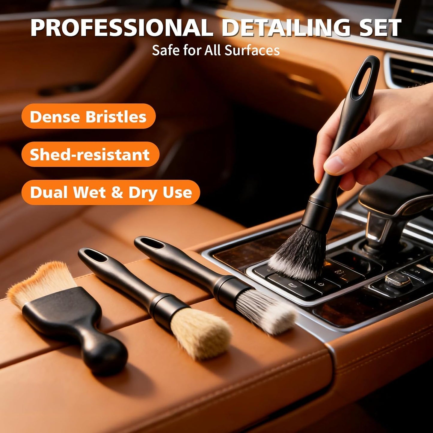 8PCS Car Detailing Brush Set, Ultra Soft Boars Hair Car Interior Detailing Brushes, Premium Car Wash Brush Kit for Professional Results Car Duster Interior or Exterior, Car Accessories Interior Tools