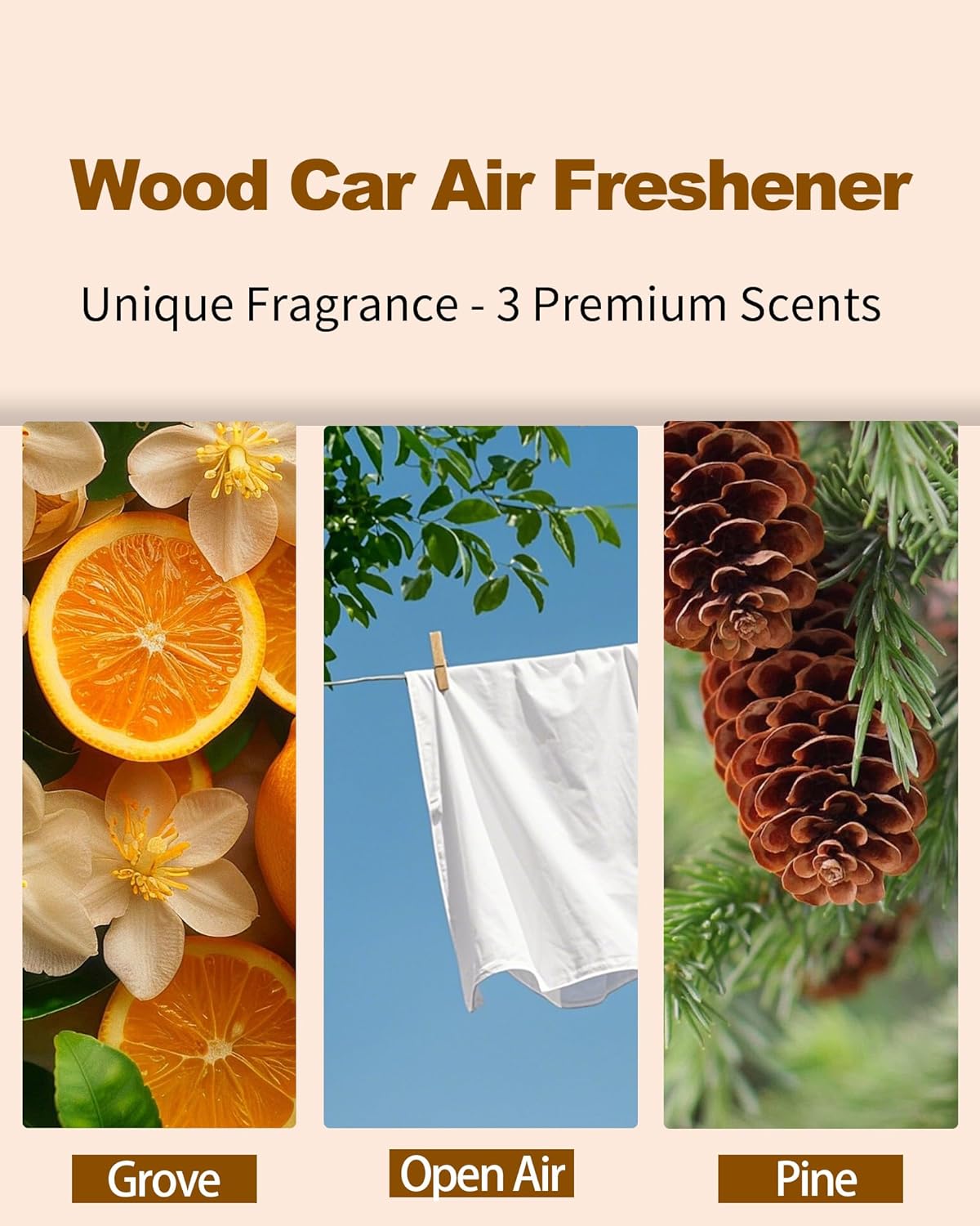 Car Air Freshener Wood Air Freshener for Visor Clip Long Lasting Car Odor Eliminator Scent Diffuser for Cabin 2 Metal Clips Variety 3 Pack(Grove-Open Air-Pine)