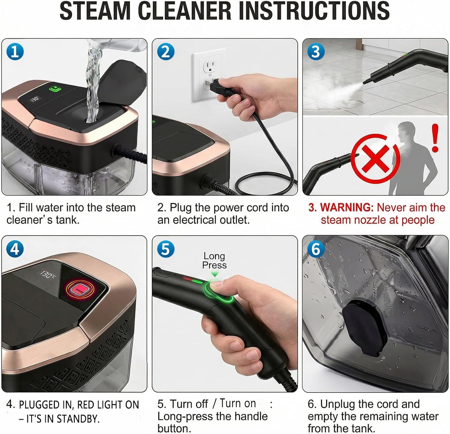 Steam Cleaner, 15s Heat-Up, 1.9QT Tank, 3Level Adjustable Handle, with 16PCS Accessories, Portable Steamer for Cleaning, Steam Cleaner for Home, Car Detailing, Dirt, Grease, Grout, Tile (blackgold)
