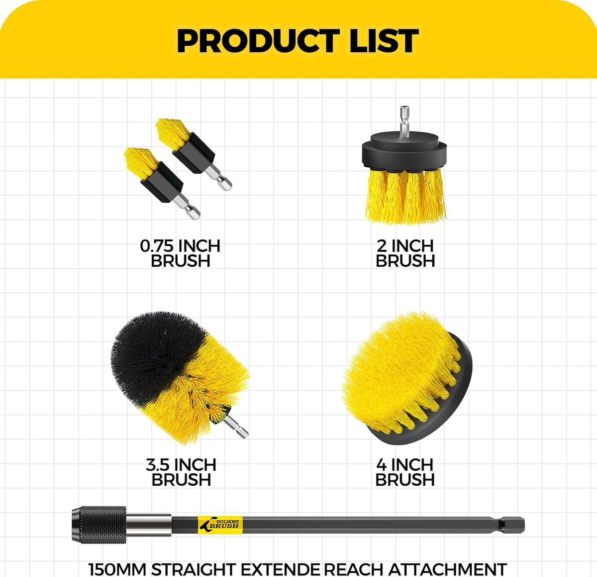 Holikme 6Pack Drill Brush Power Scrubber Cleaning Brush Extended Long Attachment Set All Purpose Drill Scrub Brushes Kit for Grout, Floor, Tub, Bathroom and Kitchen Surface,Scratch Brushes(Yellow)