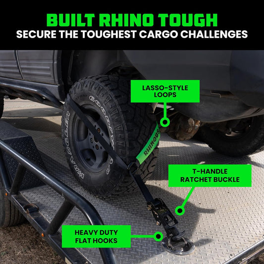 Rhino USA Car Tie Down Straps with J Hooks – 4 Pack 2" x8' – 10,000lbs Break Strength – Heavy Duty T-Handle Car Hauler Tire Lasso Wheel Straps for Trailers, UTV & Powersports – Black