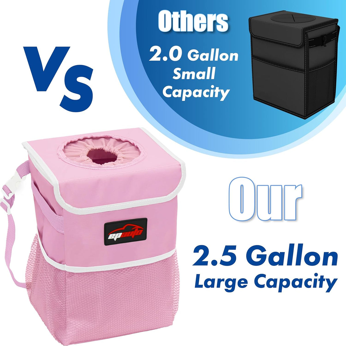EPAuto Waterproof Car Trash Can with Lid and Storage Pockets, 2.5 Gallon, Black