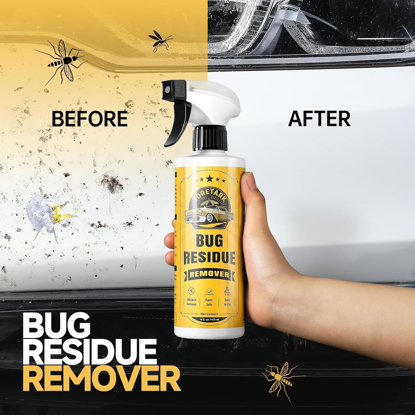 toretark Bug Remover for Cars Exterior - Tree Sap Remover for Cars Exterior, Quickly Dissolves for Water Spot, Bird Poop, Resin, Grease, Tar - PH Neutral, Safe on Paint, Rubber, Chrome, Glass