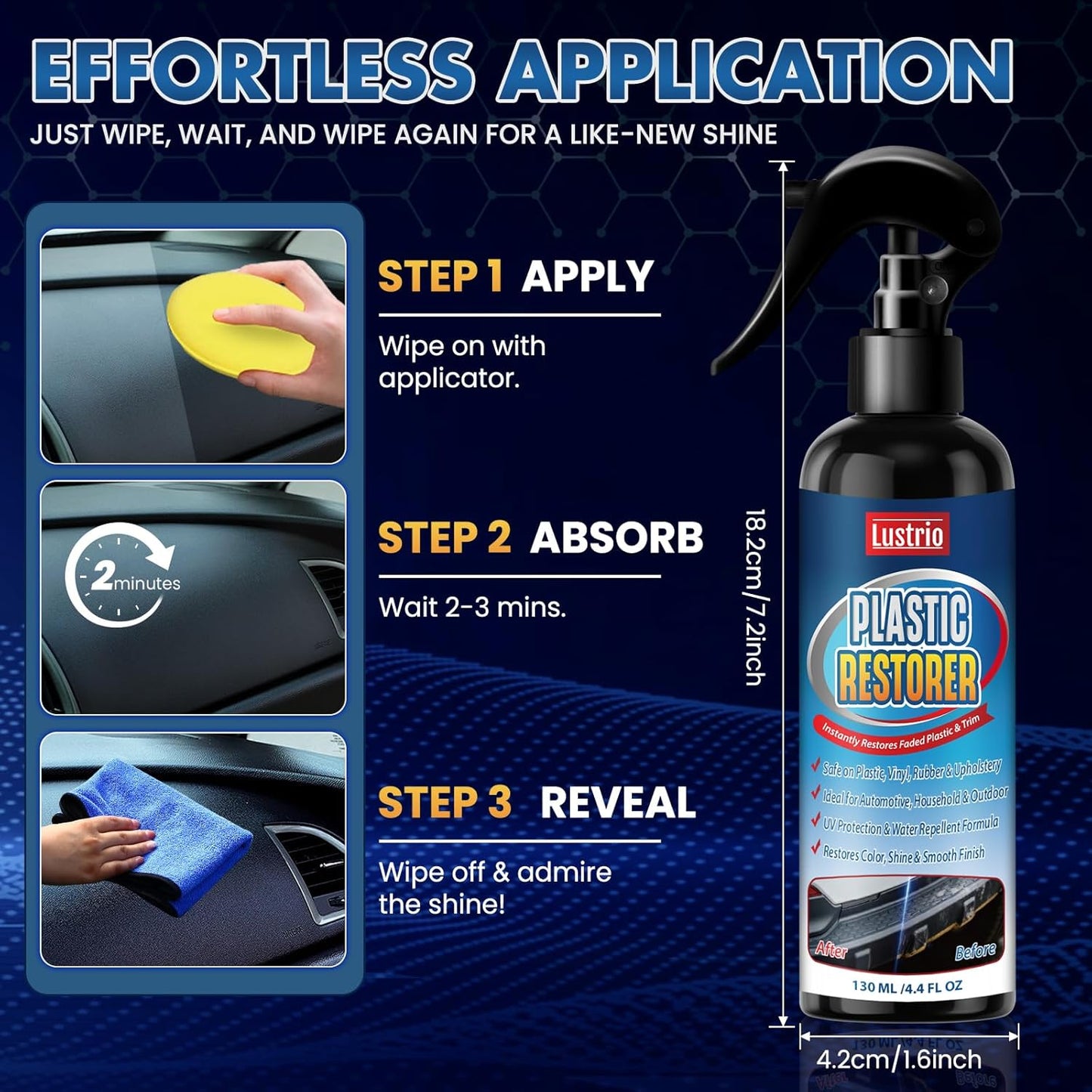 Black Trim & Plastic Restorer for Cars – Restores Faded Bumpers, Rubber & Vinyl – Long-Lasting UV Protection, No Oily Residue – Complete Kit with Foam Applicator & Towel (4.4oz/130ml)