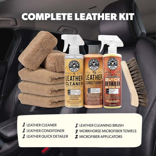 Chemical Guys Leather Cleaner and Conditioner Detailing Kit - Leather Care Kit For Natural, Synthetic, Faux, Pleather, and More for Car Interiors, Apparel, Furniture, Boots & Accessories - 9 Items