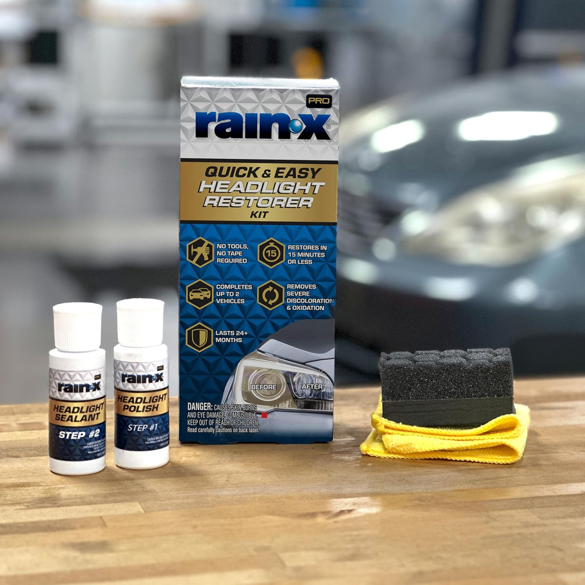 Rain-X 610153 Headlight Restoration Kit - Car Light Lens Cleaner/Restorer with Sanding & Polishing Drill Attachments & Sealant Wipe, Removes Scratches & Oxidation- All in 1 Long Lasting Formula