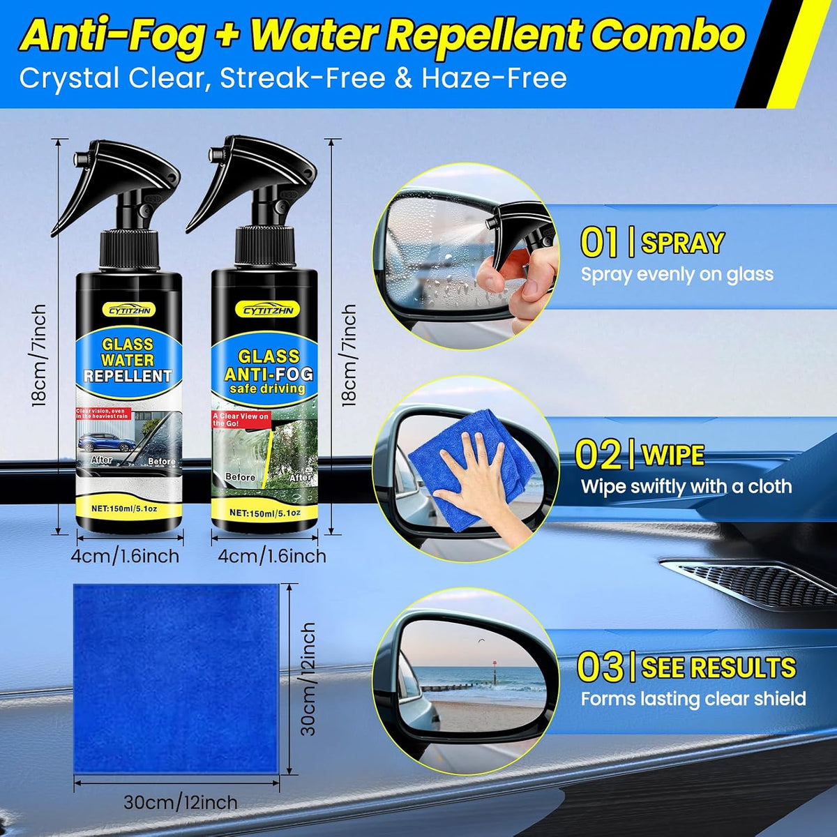 CYTITZHEN Water Repellent & Anti-Fog Spray for Quick Car Interior & Exterior Glass Care - Long-Lasting Hydrophobic Coating for Windshield, Windows, Mirrors & Helmets - Pack of 2