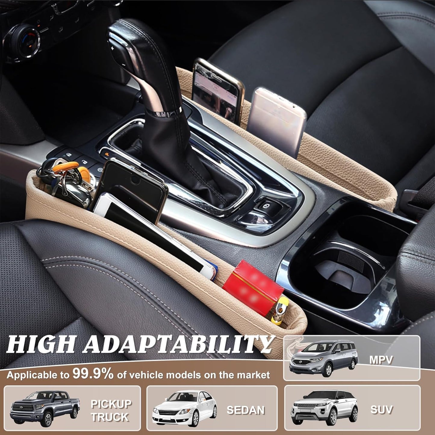 2 Pack Update Car Seat Gap Filler Organizer Leather Console Storage Box Front Side Pocket Seats Organizers Filler Interior Car Accessories for Phone Wallet Coin Key Sunglasses (Black)