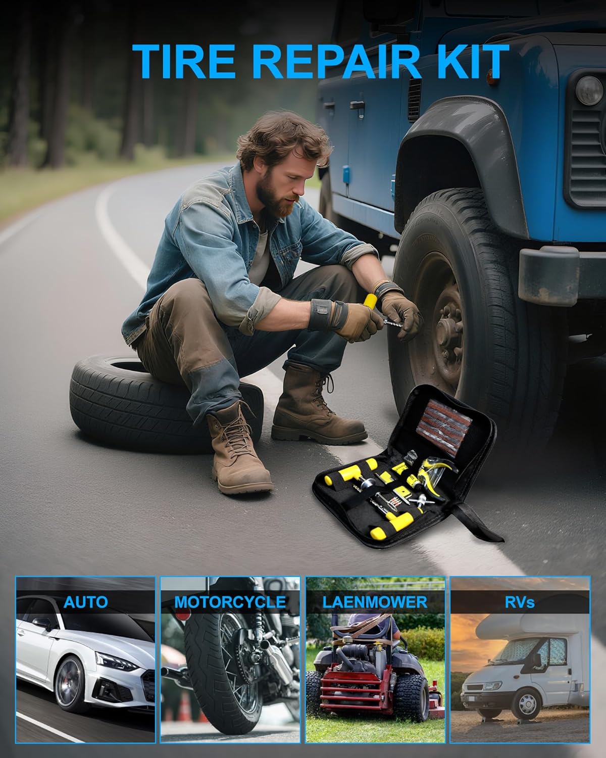 Tire Repair Kit with Plugs, Tire Plug Kit Heavy Duty Professional for Car, ATV, Motorcycle, Truck, Flat Tire Emergency Repair (Boxed Type - 16 PCs)